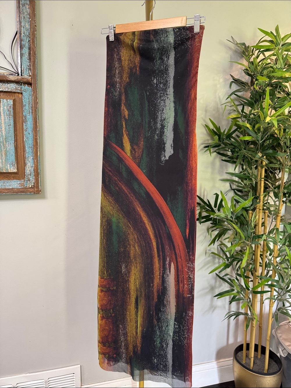 Zara Abstract strapless layered midi dress in Black, Green & Rust EUC